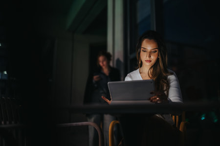 Woman using tablet at night in an outdoor cafe, focused and calmの写真素材