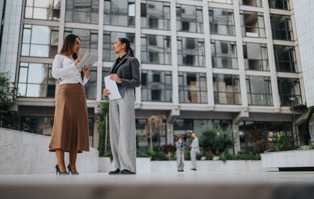Professional women discuss plans during a business meeting in a modern urban courtyardの写真素材