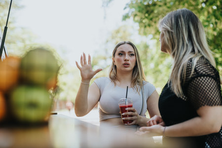 Two female friends conversing outdoors by a juice stand on a sunny dayの写真素材