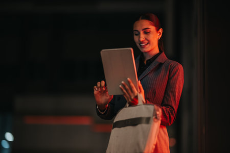 Business woman on stage using a tablet for a presentation with a bag beside herの写真素材