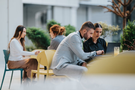 Outdoor business meeting with colleagues at a modern cafe, collaborating and planning togetherの写真素材