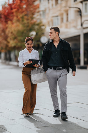 Casual business colleagues walk together on a sunny city street with tablet, notebook, and bag during autumnの写真素材