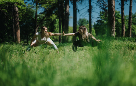 Two women exercising outdoors, engaged in team workout activities amidst lush greeneryの写真素材