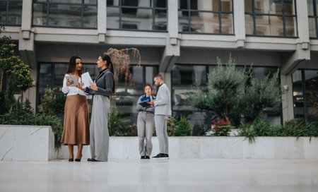 Two women discuss documents in a modern outdoor business setting with colleagues in the backgroundの写真素材