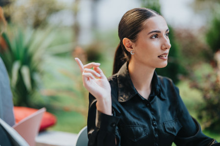 Professional woman in black shirt discusses ideas outdoors during a business meetingの写真素材