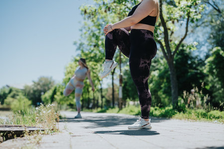 Two women exercising outdoors in a sunny park, demonstrating fitness routines for health