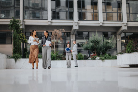 Two professionals walk and chat outside a modern office building during a business dayの写真素材