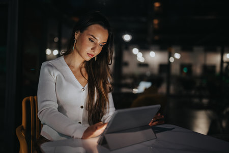 Woman using a tablet at a dimly lit cafe at night, focused on the screenの写真素材