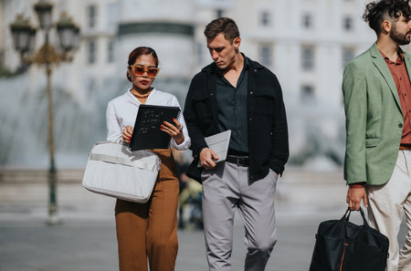 Stylish group walking in downtown, discussing notes with laptop and bags.の写真素材