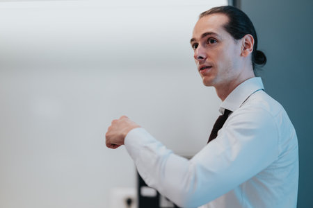 Professional man in white shirt and tie gestures while speaking in an office settingの写真素材