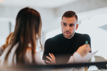 Professional man in black sweater discusses documents with colleague in a bright modern office during a business meetingの写真素材