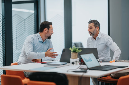 Two business professionals discuss a project during a modern office meeting with laptopsの写真素材