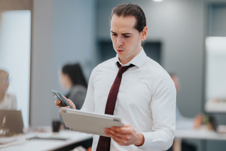 Professional man in white shirt and burgundy tie examining tablet and phone in office settingの写真素材