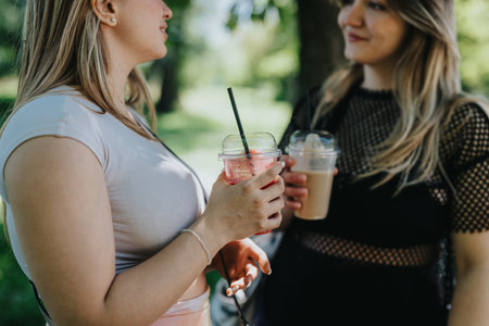 Two female friends enjoying refreshing beverages together outdoors in a sunny park settingの写真素材