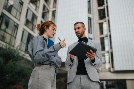 Two professionals discuss plans outdoors with notebook and clipboard near a modern office buildingの写真素材