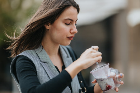 A stylish woman in a blazer enjoys a drink outdoors during a casual work day