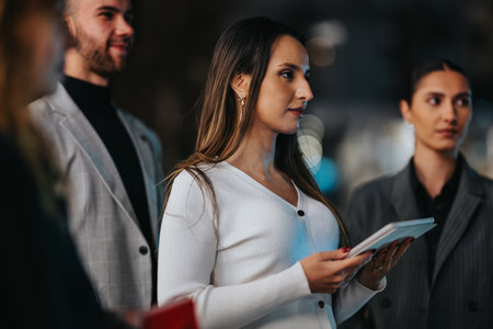 Confident business professionals gather for a discussion, holding a tablet in a modern urban setting.の写真素材