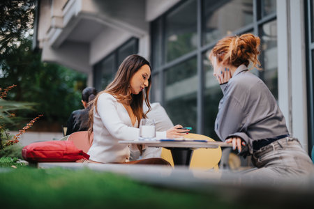 Two women chatting at an outdoor cafe, sharing notes and a phone in a modern city settingの写真素材