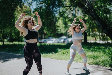 Women engaged in outdoor exercise, performing aerobics on a sunny day in a lush park setting,...