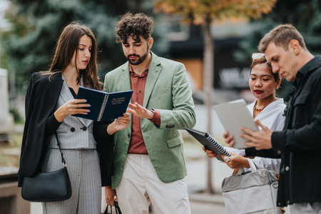 Diverse group of colleagues discuss documents outdoors in an urban city setting during a breakの写真素材