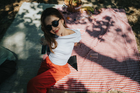 Relaxed woman at a sunny picnic wearing white shirt and red pants on checkered blanket