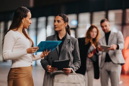Business professionals stand together discussing documents in a modern office setting during a networking eventの写真素材
