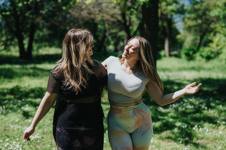 Two friends in casual activewear enjoying a sunny day together in a lush green parkの写真素材