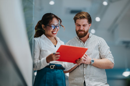 Two colleagues review a red folder in a modern office, smiling and collaborating on a projectの写真素材