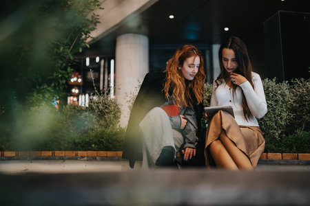 Two young women collaborate outdoors on a tablet, showcasing startup mindset and modern teamwork in an urban night setting.の写真素材