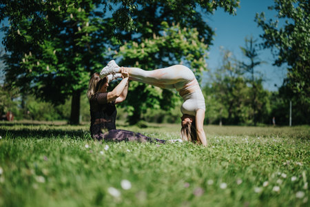 Two women exercising in a park, practicing partner yoga posesの写真素材