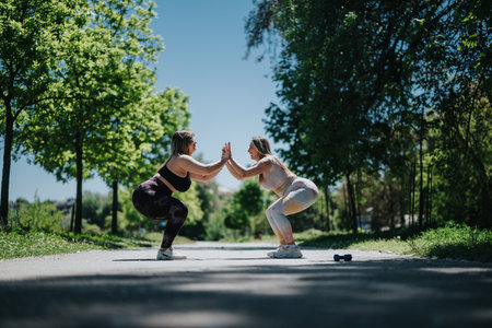 Two women working out together outdoors performing squats in harmony among lush green trees on a...