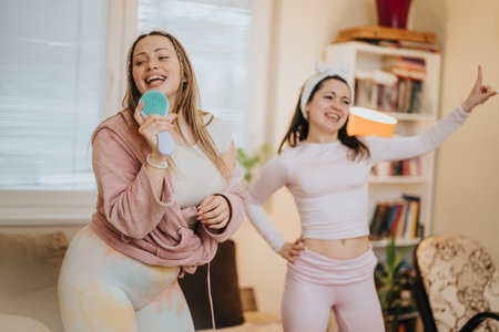 Two friends enjoying karaoke and dancing in a cozy home environment