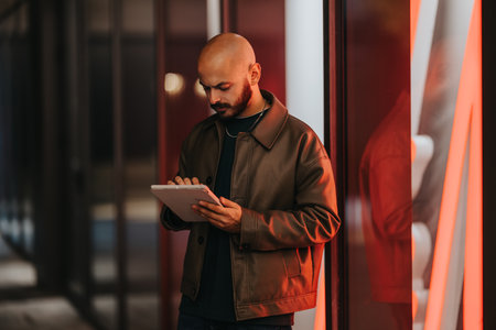 Man with tablet at night beside neon storefronts, focused on device in an urban contemporary settingの写真素材