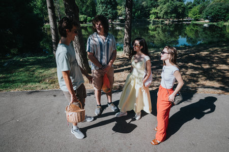 Friends gather in a sunny park by the lake, enjoying a casual day out together
