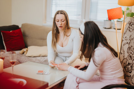 Two young women playing cards together in a cozy living room settingの写真素材