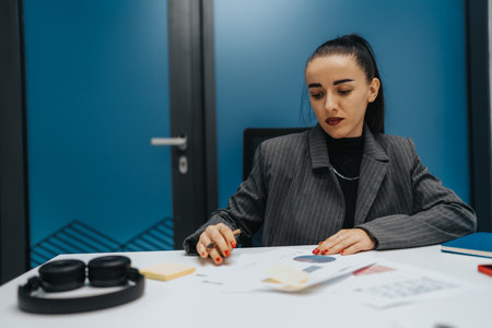 Businesswoman analyzes charts at a modern desk in a professional office setting
