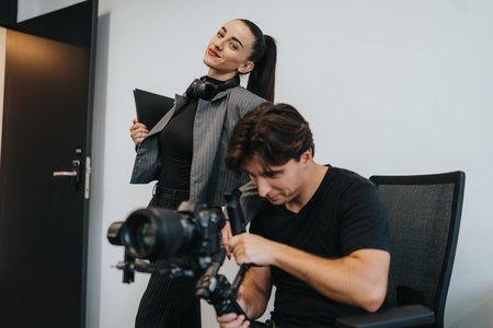 Two people in a modern office with camera gear preparing for a video shootの写真素材