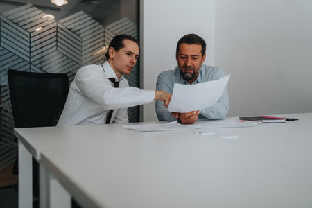 Two men discuss documents at a modern office desk during a business meetingの写真素材