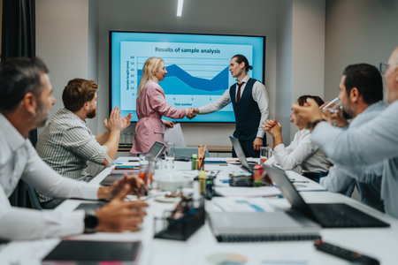 Business meeting: professionals shake hands after presentation during data analysis and...