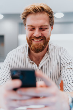 Smiling man with beard looking at his smartphone in a bright, modern office environmentの写真素材