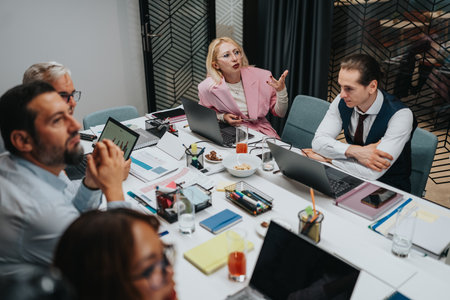 Business meeting in a modern office with a diverse team discussing data, strategy, and ideas