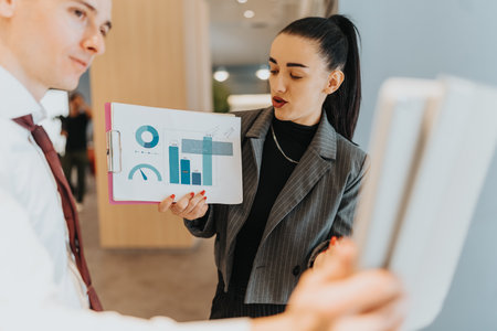 Multicultural business presentation in office as woman presents charts and graphs to colleaguesの写真素材