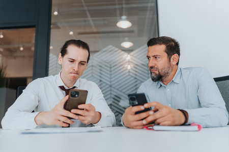 Two businessmen check their phones at a white desk during a multicultural office meeting todayの写真素材