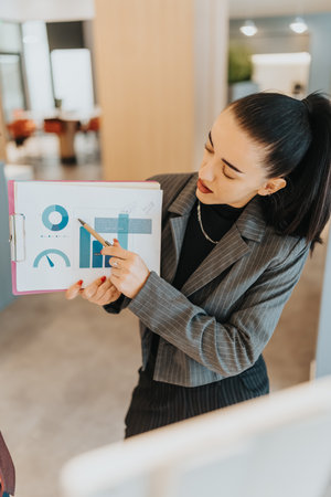 Professional woman presents charts in a clipboard during a multicultural business meetingの写真素材