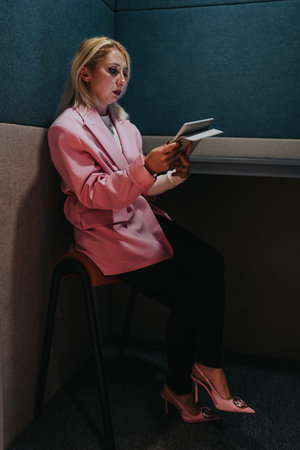 Businesswoman in pink blazer reading tablet in a quiet booth for focus and styleの写真素材