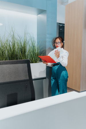 Multicultural business professional reviews documents in a modern office beside greeneryの写真素材