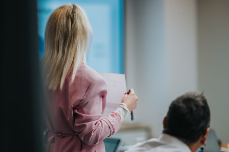 Professional woman in pink blazer presenting notes to colleagues in a modern office settingの写真素材