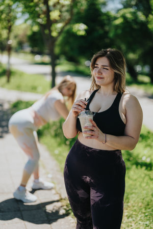 Two women enjoying outdoor exercise and drinks on a sunny day in the parkの写真素材