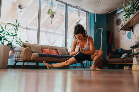 Woman practices yoga in a bright living room, balancing pose during a peaceful home workoutの写真素材