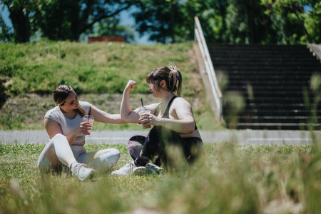 Two women enjoy a refreshing drink outdoors after a workout on a sunny dayの写真素材